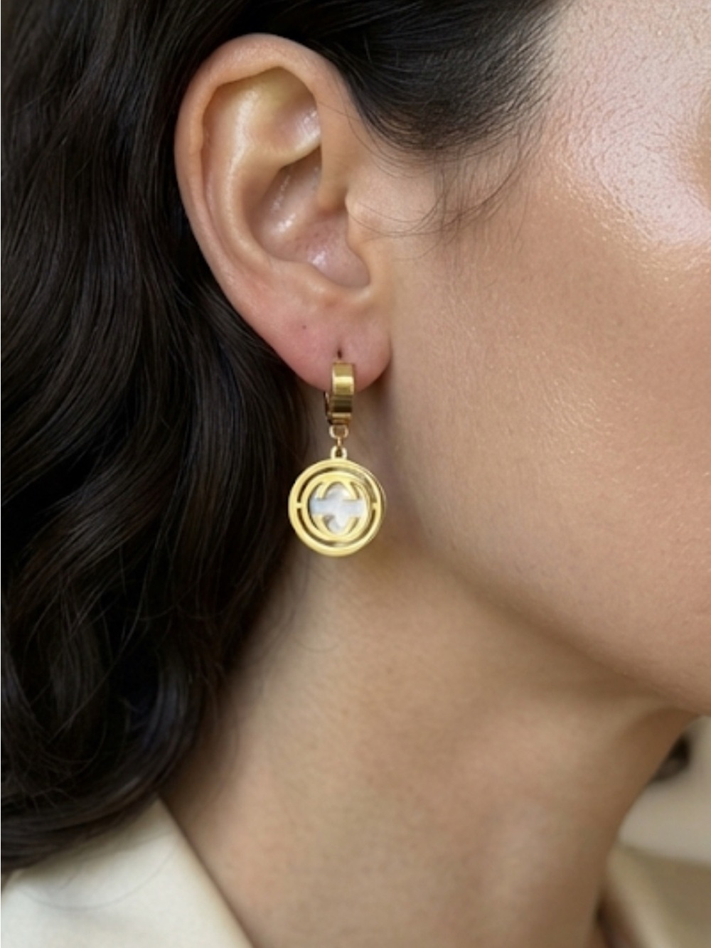 Brand New GG Gold Drop Disc Earrings with Mother-of-Pearl Inset
